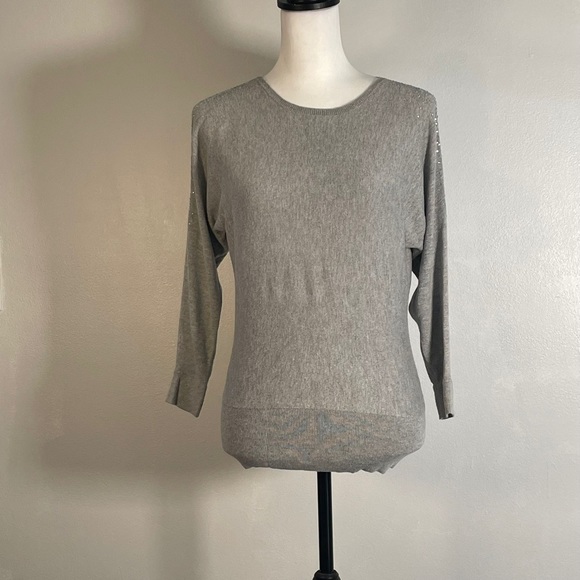 Loft Ash Gray Round Neck Clear Gemstone Cold Shoulder Long Sleeve Sweater XS - Picture 2 of 14
